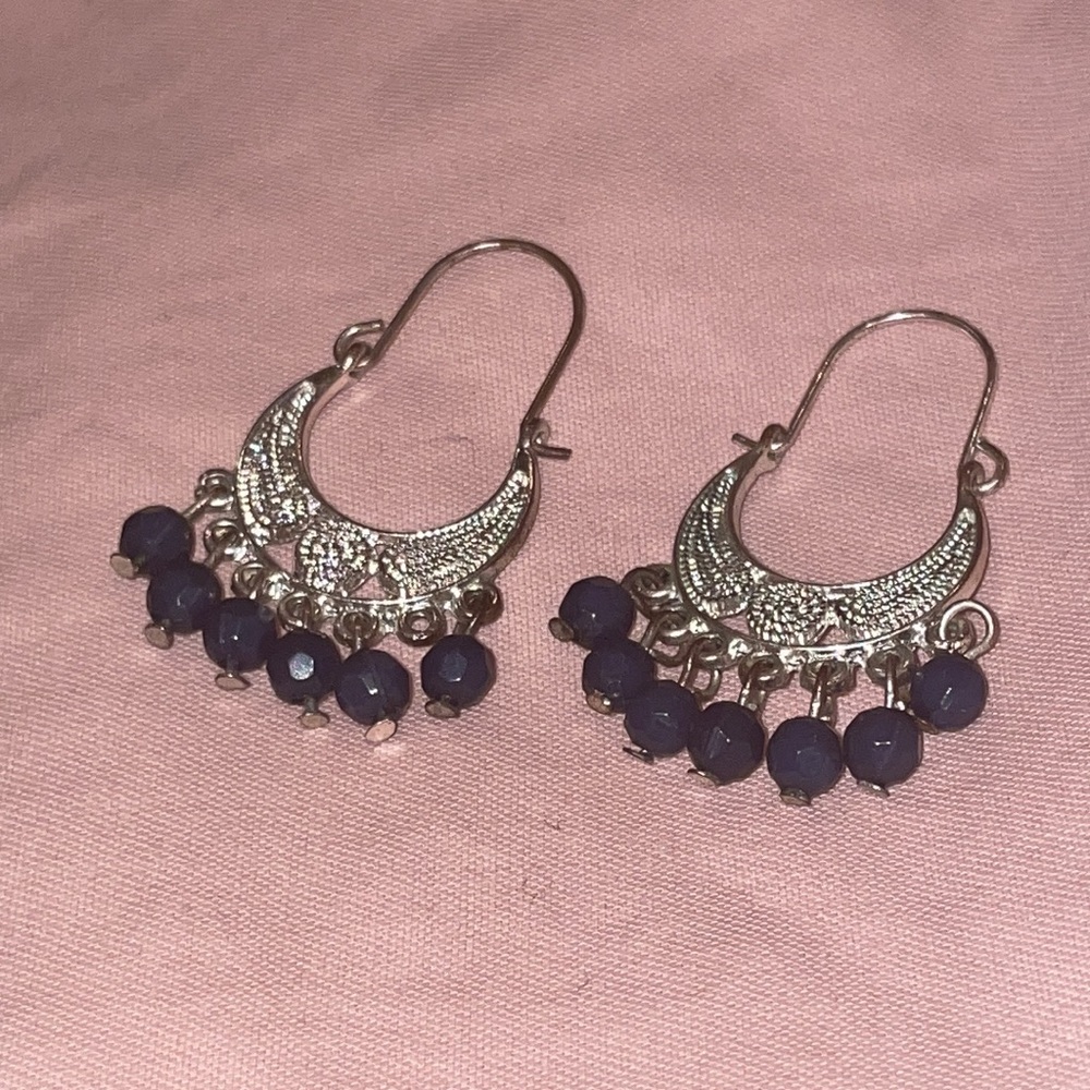 Blue-Beaded Silver-Looking Earrings